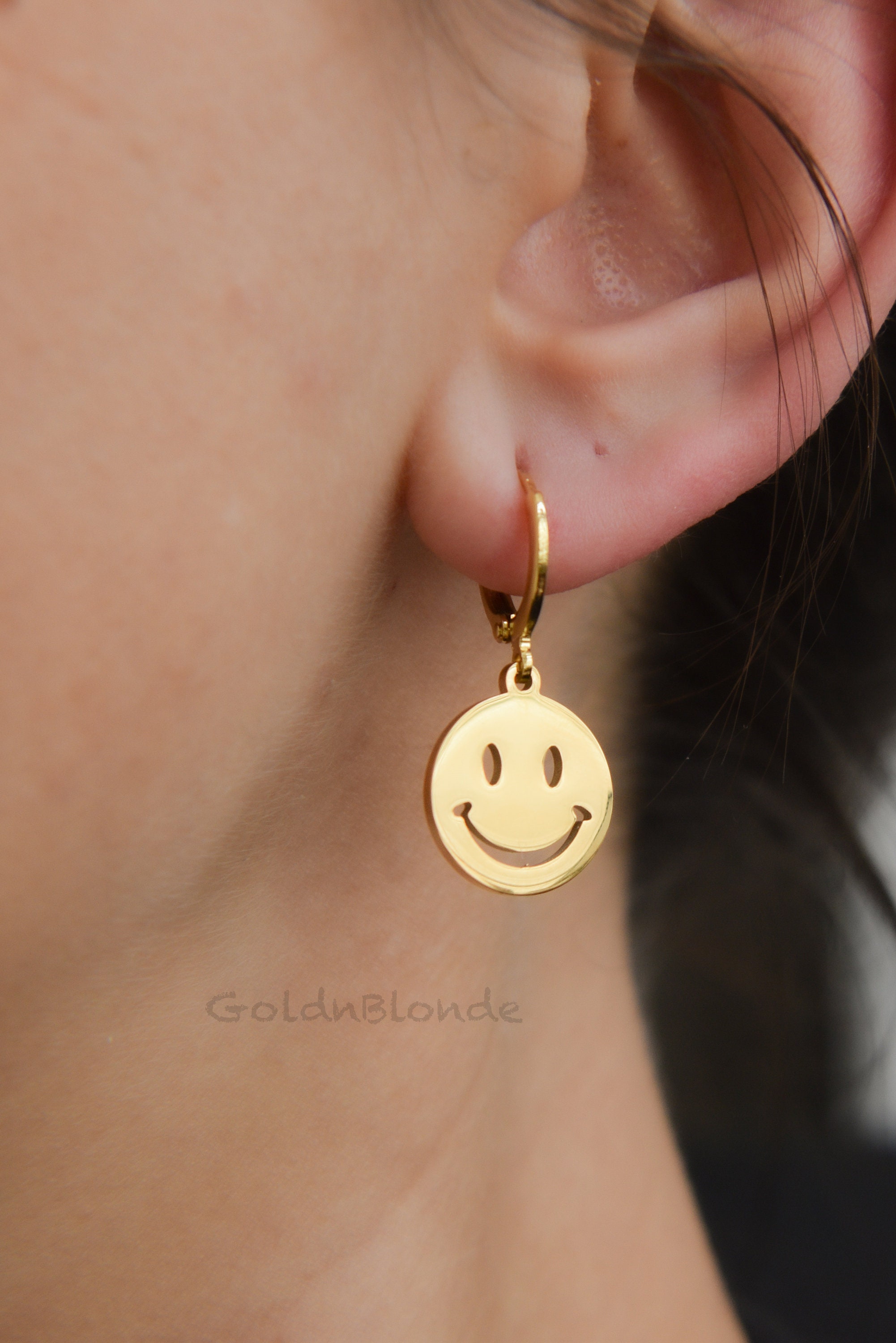 Gold Smiley Face Charm Earrings Jewelry Emoji Solid Hoop Earrings