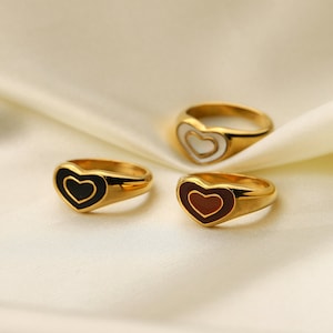 Gold Filled Colorful Heart Rings - Statement Ring Pink Green Red White Black Purple Black Heart Rings Gold Stackable Jewelry Non Tarnish