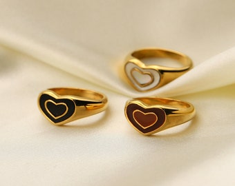 Gold Filled Colorful Heart Rings - Statement Ring Pink Green Red White Black Purple Black Heart Rings Gold Stackable Jewelry Non Tarnish
