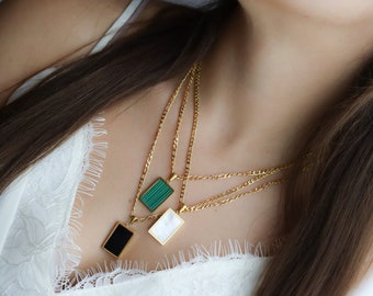 Gold Rectangle Pendant Black Green White Mother of Shell Necklace Gold Chain Necklace Dainty Jewelry Waterproof 1975 Box Band Women Jewelry