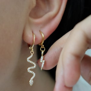 14K Gold Snake and Lightning Hoop Earrings - Small and Minimalist Reptile and Thunder Bolt Design - Waterproof and Stylish Accessory