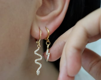 14K Gold Snake and Lightning Hoop Earrings - Small and Minimalist Reptile and Thunder Bolt Design - Waterproof and Stylish Accessory