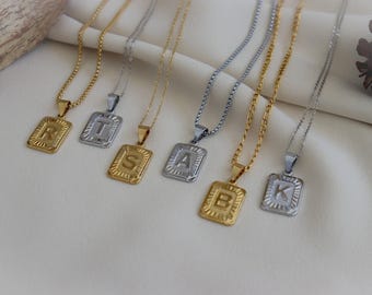 Sterling Silver Initial Necklace, Letter Medal Initial Pendant Necklace Jewelry Square Alphabet Medallion Gold Jewelry Waterproof Jewelry