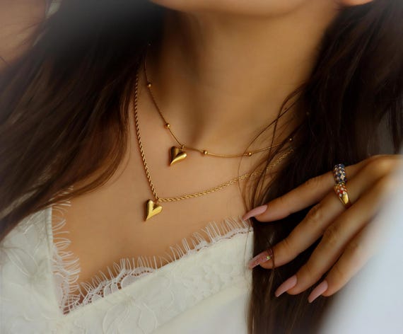 Heart Charm Necklace Solid Heart GOLD Figaro Rope Herringbone Snake Twist Necklace WATERPROOF Jewelry Elegant Love Christmas Gift For Her