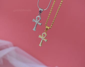 Sterling Silver Ankh Key of Life Cross Necklace, Gold FILLED Ankh Necklace, Pray God Pendant Ankh Necklace Waterproof Jewelry Gift for Her