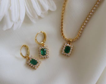 18K GOLD Tennis Zirconia Emerald Choker Necklace Dangle Earring SET Gold Hoop Baguette Waterproof Necklace Best Christmas Gift for Her Women