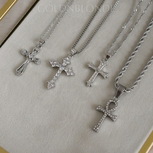 Silver Cross Necklace, Jesus Ankh Cross Charm Necklace, Silver Chain Necklace, Pray Necklace Waterproof Minimalist Necklace Gift For Him Her