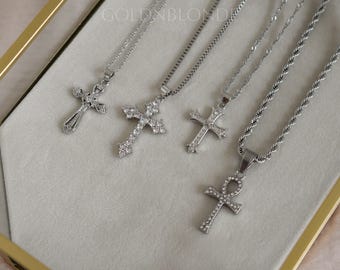 Silver Cross Necklace, Jesus Ankh Cross Charm Necklace, Silver Chain Necklace, Pray Necklace Waterproof Minimalist Necklace Gift For Him Her