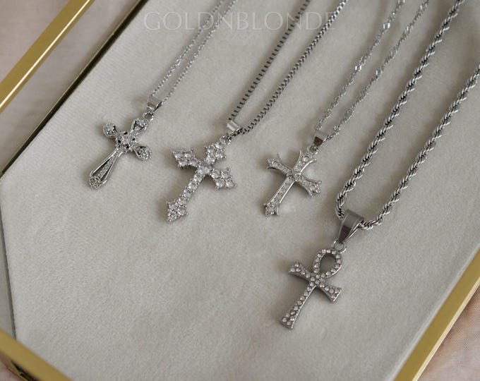 Featured listing image: Silver Cross Necklace, Jesus Ankh Cross Charm Necklace, Silver Chain Necklace, Pray Necklace Waterproof Minimalist Necklace Gift For Him Her