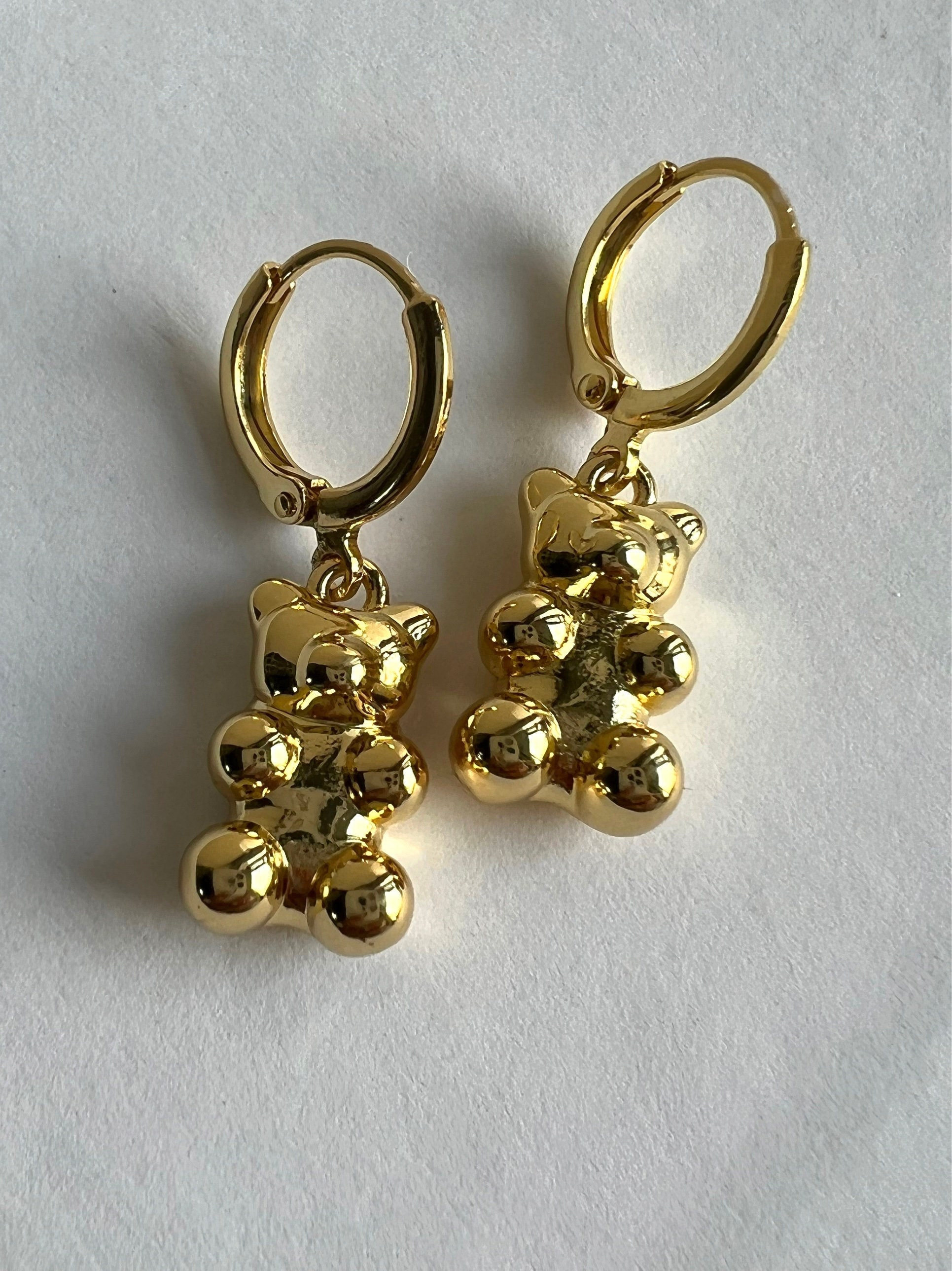 Gold Teddy Gummy BEAR Earrings Gold Charm Pendant Teddy Bear Animal Necklace  SET Hoop Earrings Waterproof Jewelry Gif for Her Friend Sister