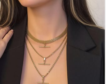 14K Gold Filled  Toggle T Bar Retro Gold Necklace,Dainty Vintage Layered Necklace,Handmade Herringbone Waterproof Chain,Gift For Her Jewelry