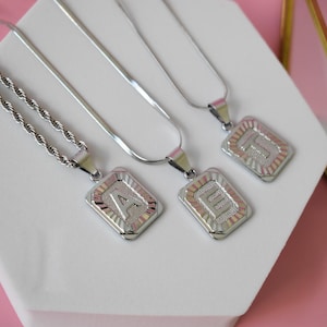 Silver Initial Necklace Letter Pendant Initial WATERPROOF Necklace A E T Square Alphabet Medallion Pendants Father Christmas Gift for Him