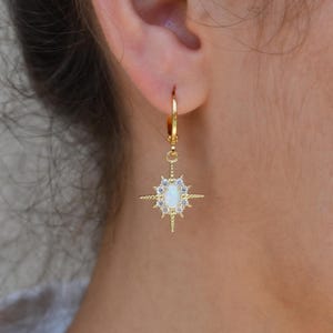 A close-up view of a person's ear wearing a pair of gold earrings with a star-shaped gemstone.