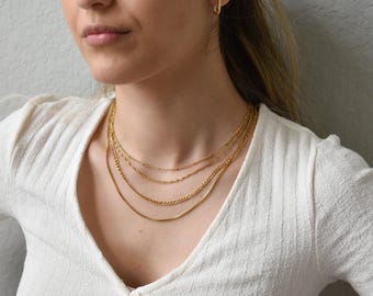 18K Gold Chain Necklace - Twist Link Figaro Bead Curb Herringbone Snake Pearl Chain Necklace for Waterproof Gold Filled Everyday Minimalist