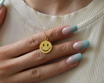 Gold Smiley Face Necklace Gold Jewelry Emoji Solid Metal Hoop Earrings Set Waterproof Jewelry Non Tarnish Gift for Kid Teen Her Gold Charm
