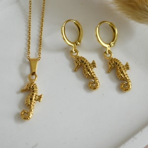Gold Filled · SeaHorse · Necklace Hoop Earrings SET · 3D Handmade Jewelry Sea Animal Charms Women SUMMER Personalized Gifts Dainty Cable
