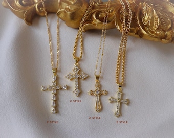 GOLD Cross Necklace Gold Religious Cross Charm Unisex Women Men Necklace Pray Christian Faith Pendant WATERPROOF His Christmas Gift for Her