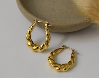 18K Gold Hoop Earrings Twisted Croissant Earrings Waterproof Gold Jewelry Everyday Gold Handmade Earrings Gift for Her Women Necklace Set
