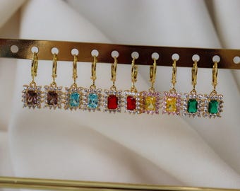 18k GOLD Square Pendant CZ Cubic Zircon Love Crystal Gold Charm Hoop Earrings Ruby Turquoise Emerald Anti Tarnish Women Gift for Her BFF