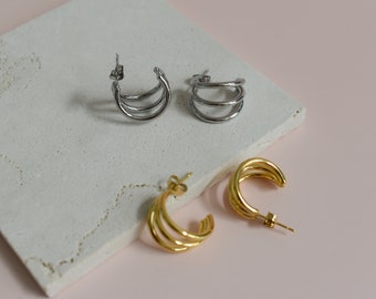 Silver Triple Line Stud Earrings • Sterling Silver Minimalist Hoops • Poppy Strip Earrings • Dainty Elegant Best Gift For Women WATERPROOF