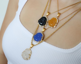 18K Gold Filled Buddha Necklace, Jade Buddha Laughing Statue Necklace Waterproof Non Tarnish Jewelry Buddhism Religious Gift For Her Him