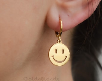 Gold Smiley Face Charm Earrings Jewelry ・ Emoji Solid Hoop Earrings Joy Waterproof Gift Personalized Handmade Christmas Happy Day Gift Girl