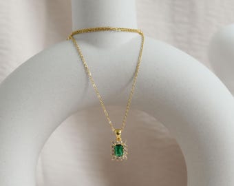 Gold Charm Necklace Choker Emerald Princess Topaz Green Zircon Pendant Diamonds Waterproof Crystal Chain Necklace Birthday Anniversary Gift