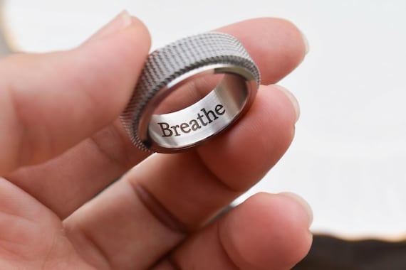 Silver Fidget Rings Breathe Stainless Steel Spinner Ring Relief Silver Men Couple Stress Rings Black Band Fidget Ring For Father Non Tarnish