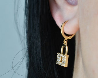Lock Gold FILLED Earrings Crystals Zircon Pendant Earrings Hoop Earrings Gold Filled Locked in Love Waterproof Jewelry Women Dangle Earrings