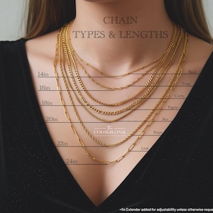 a close-up view of a person's neck and chest area, featuring a variety of gold chain necklaces of different lengths and types.
