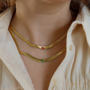 Gold Necklace with Ruby Emerald Gem - Herringbone Choker Gold Jewelry Women Elegant Modern Waterproof Handmade Gift for Her Girl Girlfriend