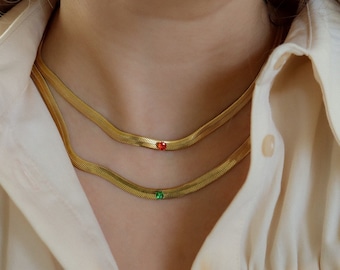 Gold Necklace with Ruby Emerald Gem - Herringbone Choker Gold Jewelry Women Elegant Modern Waterproof Handmade Gift for Her Girl Girlfriend