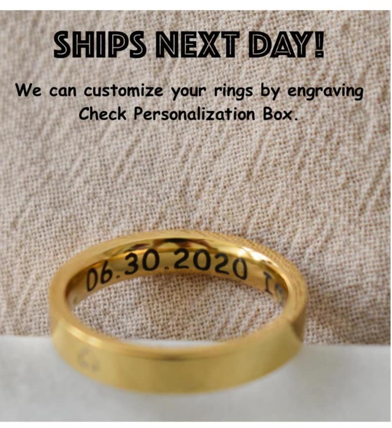 The image is a promotional advertisement for a customizable ring service. It features a gold ring with the date "06.30.2020" engraved on it, and a variety of font samples displayed on the right side.
