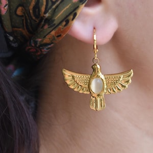 Gold Filled Falcon Earrings Necklace Set – Bird Hawk Eagle Dangle Earrings Moonstone – Gift For Her Strength Freedom Opal Stone WATERPROOF