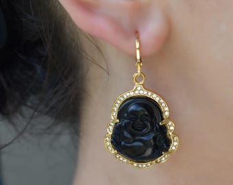 Gold Buddha Earrings - Jade Buddha Wisdom Hoop Earrings Black Buddha Charms, Waterproof Dangle Crystal Gold Earrings Gift for Her Women Girl