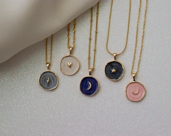 18K Gold Colorful Coin Necklace with Heart Star and Moon Shaped Round Pendant Waterproof Chain Minimalist Jewelry Birthday Gift Set