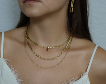 Gargantilla Vintage llena de oro, collar de oro, piedra de circón, joyería impermeable, gargantilla para mujer, collar, cadena de cuerda, conjunto en capas