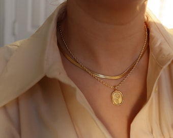 Gold Sun Flower Necklace- Personalized Oval Coin chains- Best gift for Her- WATERPROOF Jewelry- Adjustable Chains - Engravable Pendants