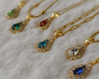 18K Gold Filled Drop Angel Teardrop Necklace Charm Pendant Peridot Crystal Stone Emerald Necklace Waterproof Necklace Gift For Her Handmade