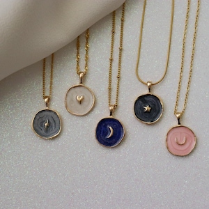 18K Gold Colorful Coin Necklace with Heart Star and Moon Shaped Round Pendant Waterproof Chain Minimalist Jewelry Gift Set