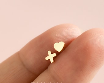 Kid Toddler Heart Stud Earrings • Love Plus X Cross Minimalist WATERPROOF Gold Solid Earring Best Gift For Daughter Newborn Baby Women Child