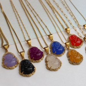 18K Gold Buddha Necklace - Jade Buddha Lotus Wisdom Mystic Necklace with Emerald Topaz Black Ruby and Pink Stones Jewelry for Christmas Gift