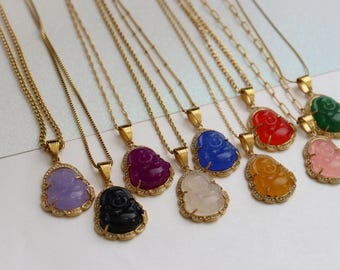 18K Gold Buddha Necklace - Jade Buddha Lotus Wisdom Mystic Necklace with Emerald Topaz Black Ruby and Pink Stones Jewelry for Christmas Gift