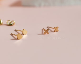 Kid Toddler Heart Stud Earrings • Love Plus X Cross Minimalist Handmade Gold Bar Earrings • Best Gift For Daughter Newborn Baby Women Child