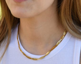 Gold Twisted Double Layered Gold Herringbone Snake Chain Necklace Gold Unique Gift Waterproof Gold Jewelry herringbone Necklace Gold Jewelry