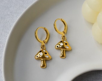 Gold Filled Mushroom Earrings - Unique Black Spotted Realistic Smooth Yellow Mushroom Hoop Earrings SET, WATERPROOF Jewelry His Gift for Her