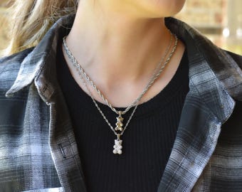 Silver Teddy Bear Necklace, Silver Bear Charm Pendant, Silver Chain Necklace, WATERPROOF Necklace Elegant Men Silver Lover Sterling Necklace