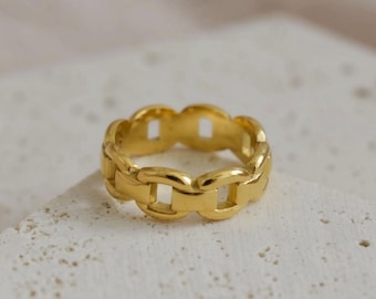 Chain Ring GOLD Stainless WATERPROOF Vintage Wheel Chain Style Statement Ring Signet Christmas Birthday Woman Finger His Gift for Her