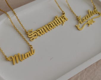 Old English Name Necklace British Font Gold Custom Cursive King Name Necklace Gold Filled Chain Personalized Handmade Jewelry Gift Christmas