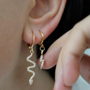 14K Gold Snake and Lightning Hoop Earrings - Small and Minimalist Reptile and Thunder Bolt Design - Waterproof and Stylish Accessory